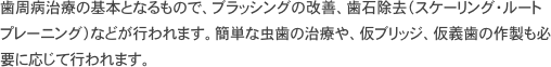 歯周病治療の基本となるもので、ブラッシングの改善、歯石除去（スケーリング・ルートプレーニング）などが行われます。簡単な虫歯の治療や、仮ブリッジ、仮義歯の作製も必要に応じて行われます。
