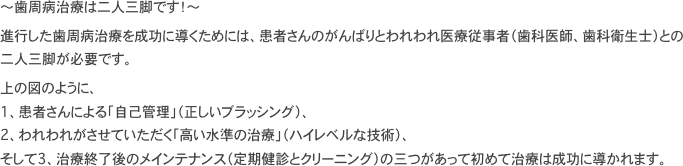 ～歯周病治療は二人三脚です！～
進行した歯周病治療を成功に導くためには、患者さんのがんばりとわれわれ医療従事者（歯科医師、歯科衛生士）との二人三脚が必要です。
上の図のように、
1、患者さんによる「自己管理」（正しいブラッシング）、
2、われわれがさせていただく「高い水準の治療」（ハイレベルな技術）、
そして3、治療終了後のメインテナンス（定期健診とクリーニング）の三つがあって初めて治療は成功に導かれます。