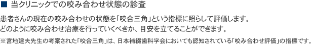 ■　当クリニックでの咬み合わせ状態の診査
患者さんの現在の咬み合わせの状態を「咬合三角」という指標に照らして評価します。
どのように咬み合わせ治療を行っていくべきか、目安を立てることができます。
※宮地建夫先生の考案された「咬合三角」は、日本補綴歯科学会においても認知されている「咬み合わせ評価」の指標です。